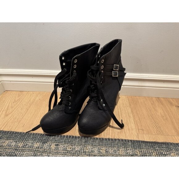 Womens Ankle Boots Round Toe Block Chunky High Heels Lace Up Platform Shoes  Sz9 - Picture 3 of 10